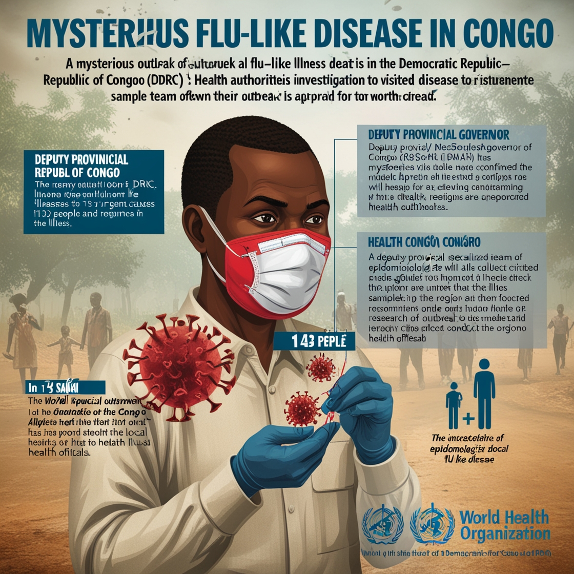 Health workers in protective gear conducting medical tests and collecting samples in a rural area of the Democratic Republic of Congo during an investigation of a mysterious flu-like disease outbreak.