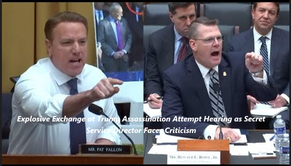 Acting Secret Service Director Ronald Rowe testifies at a House Task Force hearing, facing criticism from Rep. Pat Fallon over security failures during the assassination attempts on President-elect Donald Trump. The image captures a tense moment during the heated exchange between Rowe and Fallon.